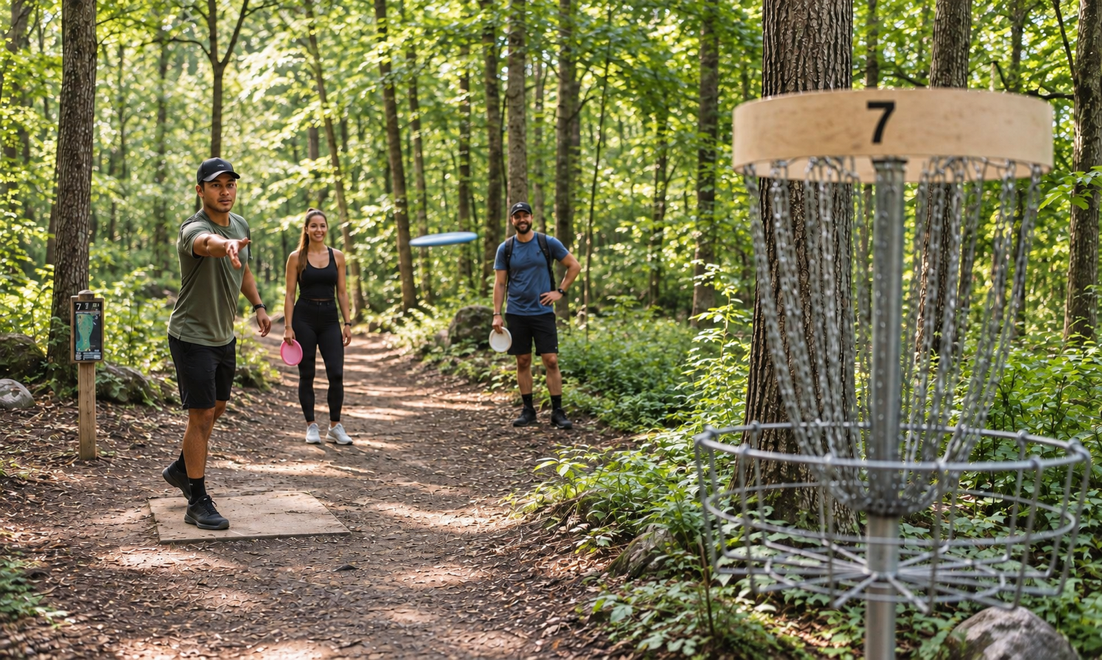 Guests playing disc golf on a wooded trail