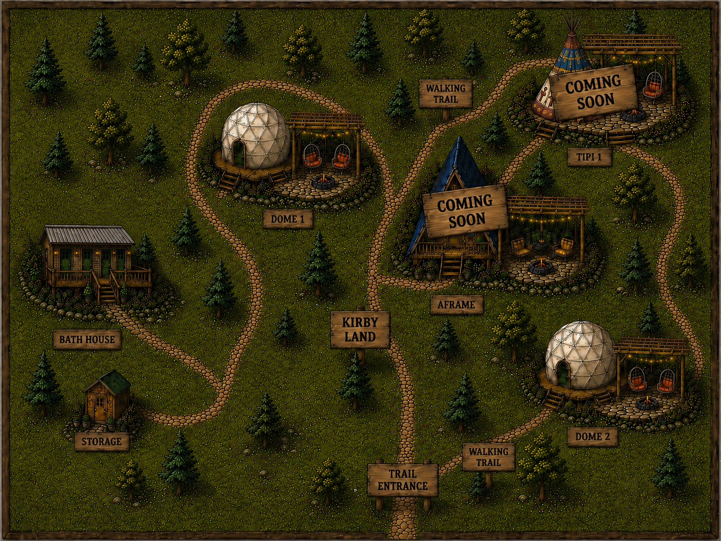 Illustrated map of Kirby Land showing Dome 1, Dome 2, bathhouse, trails and future accommodations
