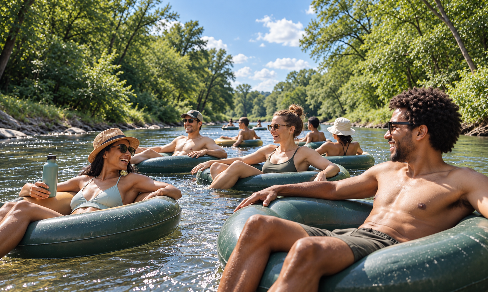 Friends tubing on a scenic wooded river